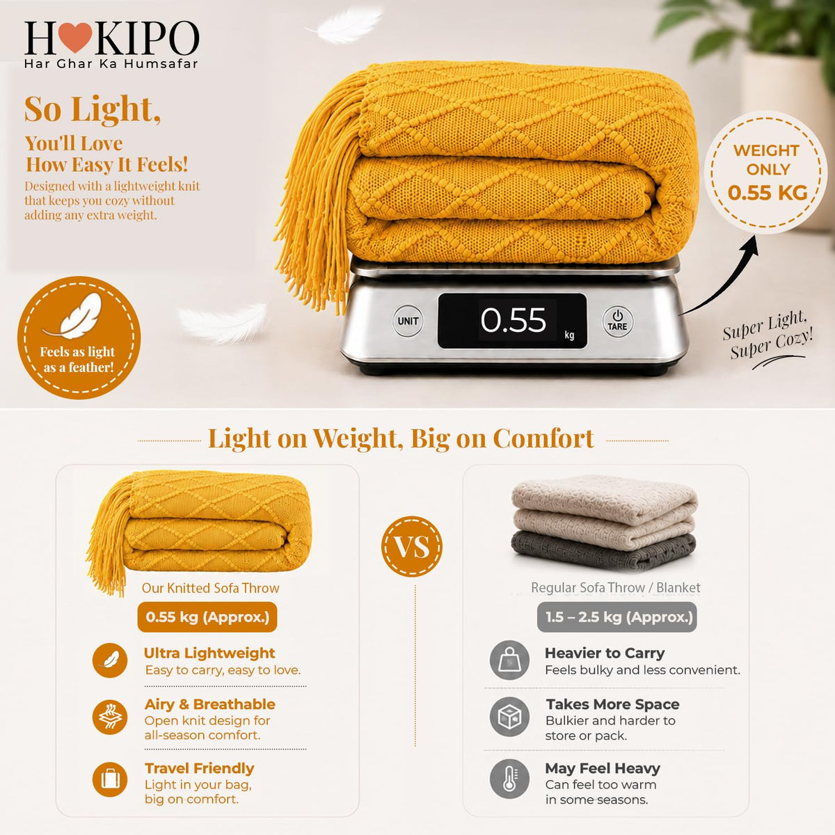 HOKIPO Diamond Knit Sofa Throw Blanket for Sofa, 50x65 in, Golden Ochre - image 4