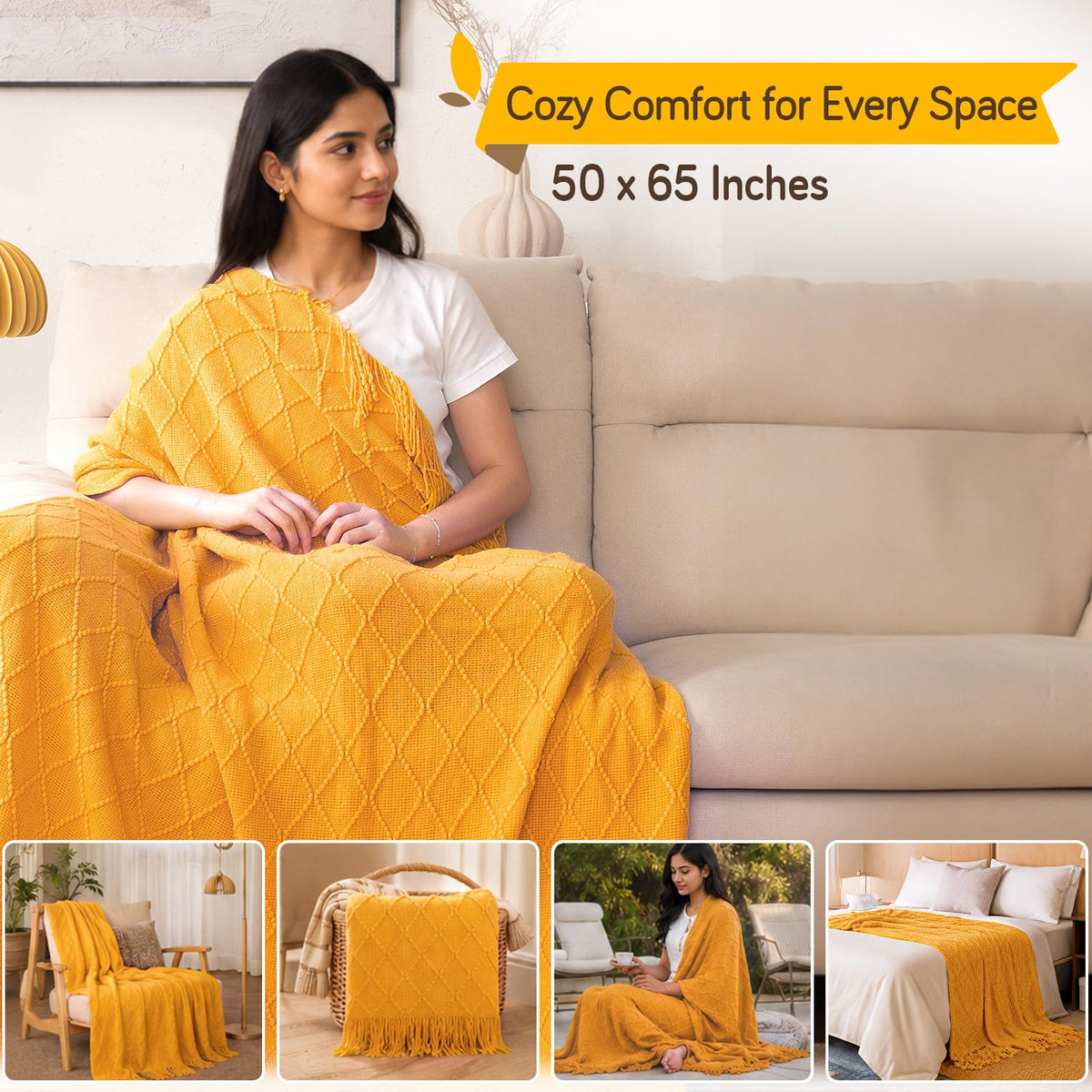 HOKIPO Diamond Knit Sofa Throw Blanket for Sofa, 50x65 in, Golden Ochre - image 6