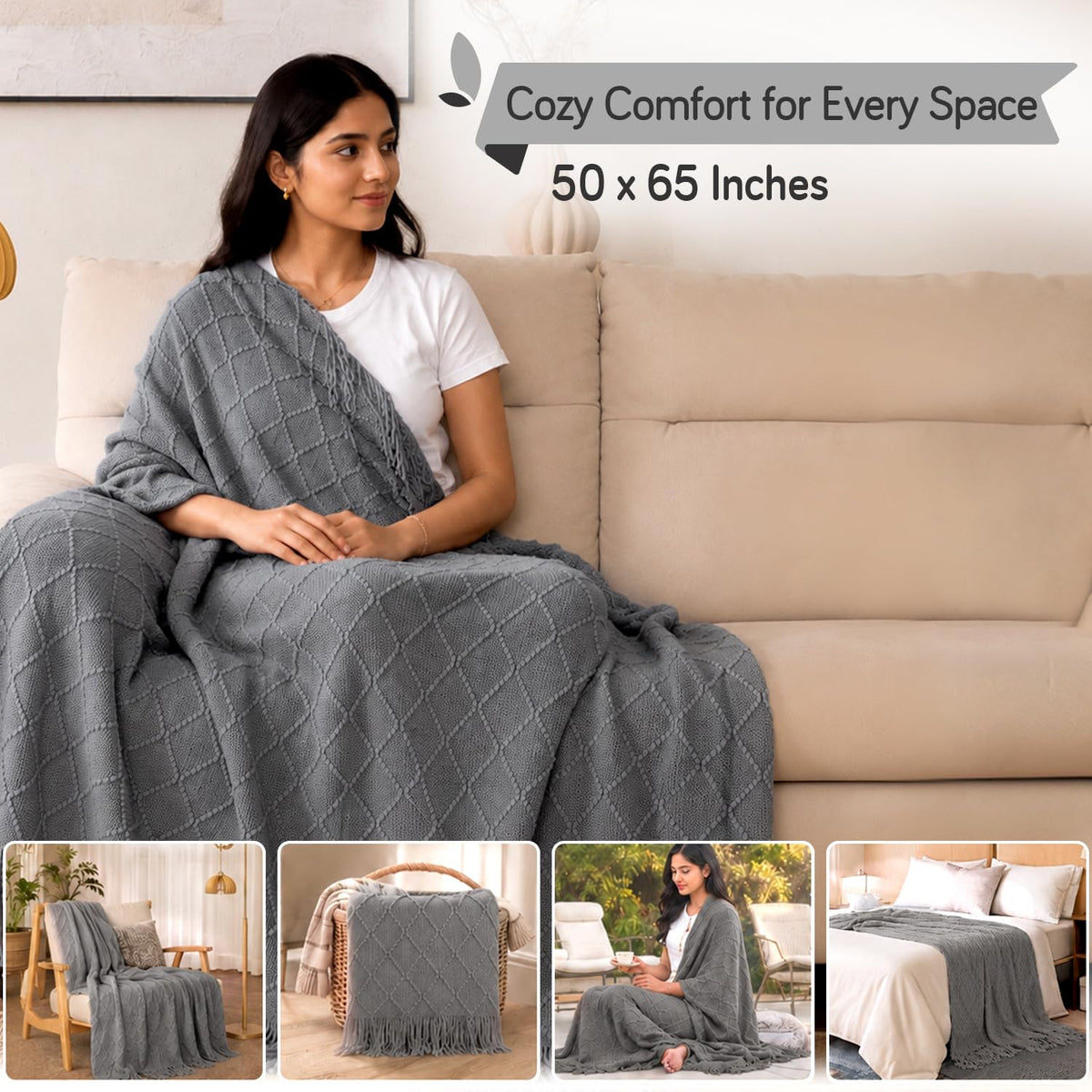 HOKIPO Diamond Knit Sofa Throw Blanket for Sofa, 50x65 in, Charcoal Grey - image 6