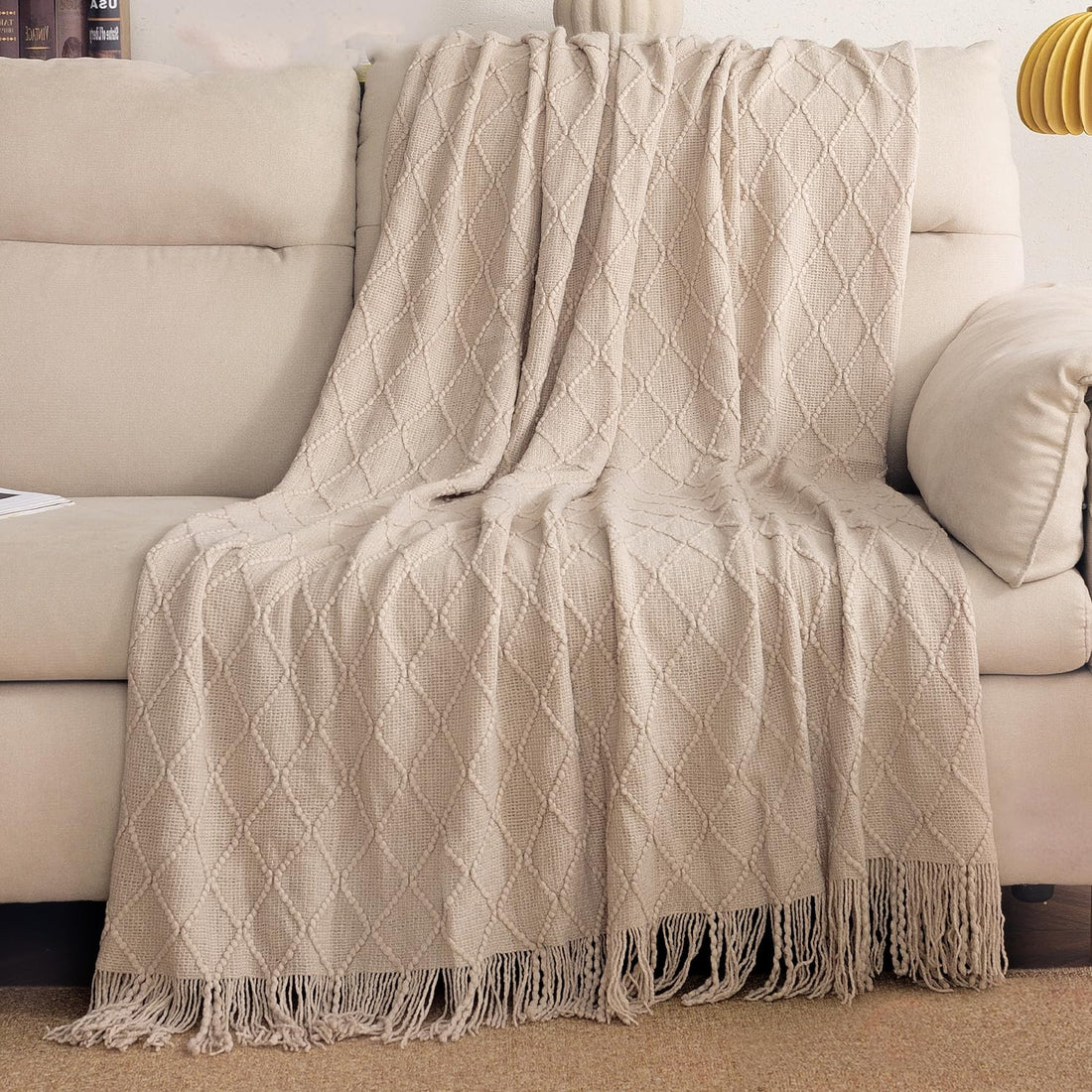 HOKIPO Diamond Knit Sofa Throw Blanket for Sofa, 50x65 in, Sandstone Beige - image 1