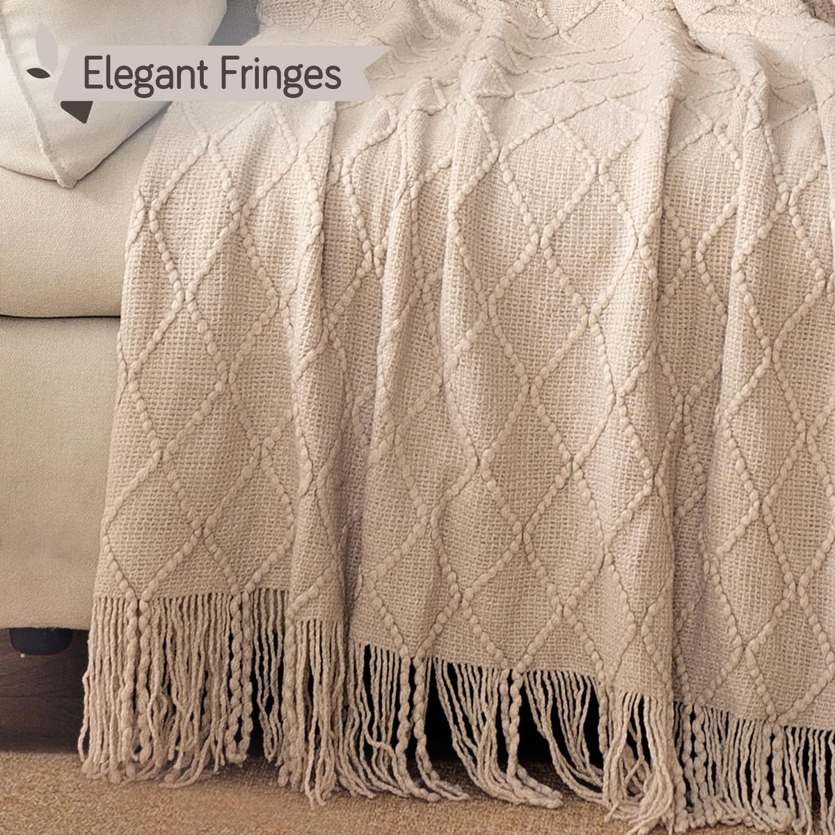 HOKIPO Diamond Knit Sofa Throw Blanket for Sofa, 50x65 in, Sandstone Beige - image 2