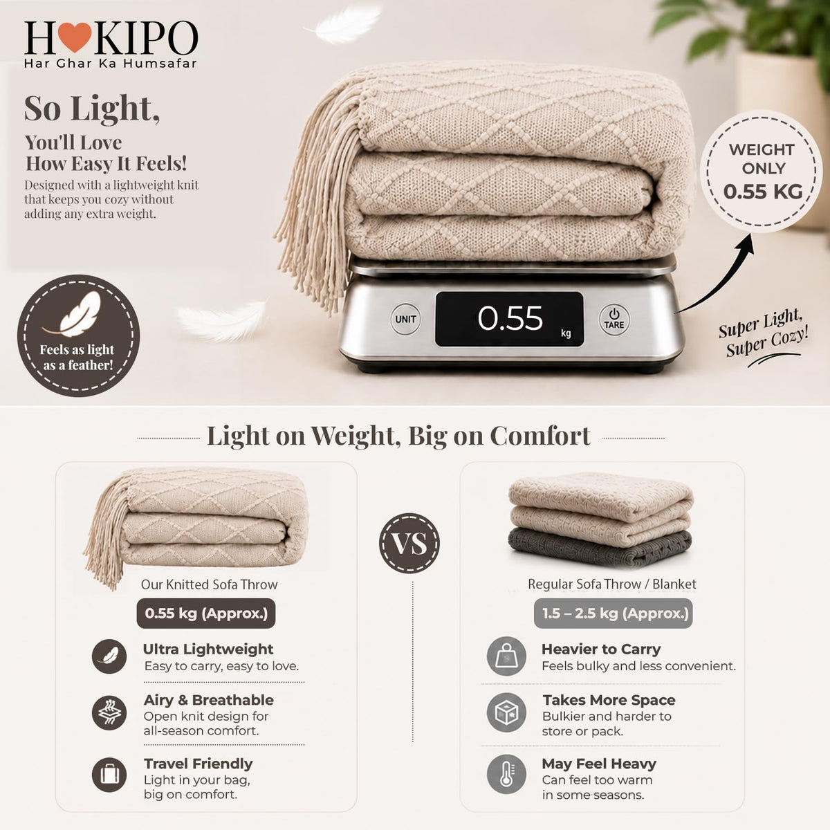 HOKIPO Diamond Knit Sofa Throw Blanket for Sofa, 50x65 in, Sandstone Beige - image 4