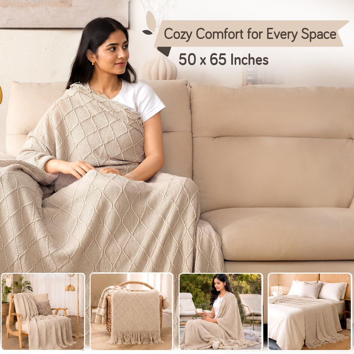 HOKIPO Diamond Knit Sofa Throw Blanket for Sofa, 50x65 in, Sandstone Beige - image 6