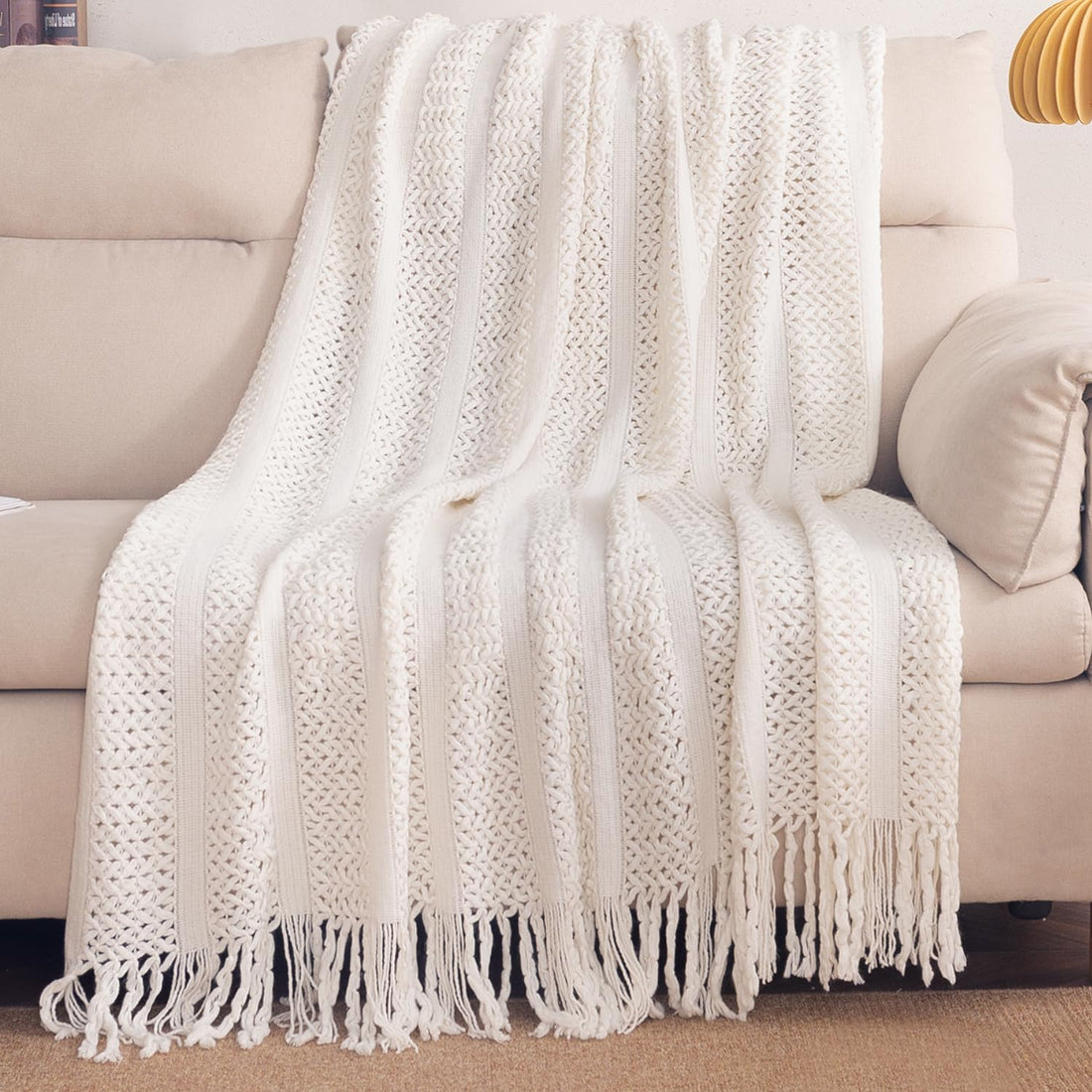 HOKIPO Open Lace Knit Sofa Throw Blanket for Sofa, 50x65 in, Vanilla White - image 1