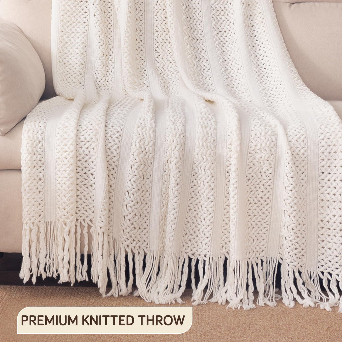 HOKIPO Open Lace Knit Sofa Throw Blanket for Sofa, 50x65 in, Vanilla White - image 2