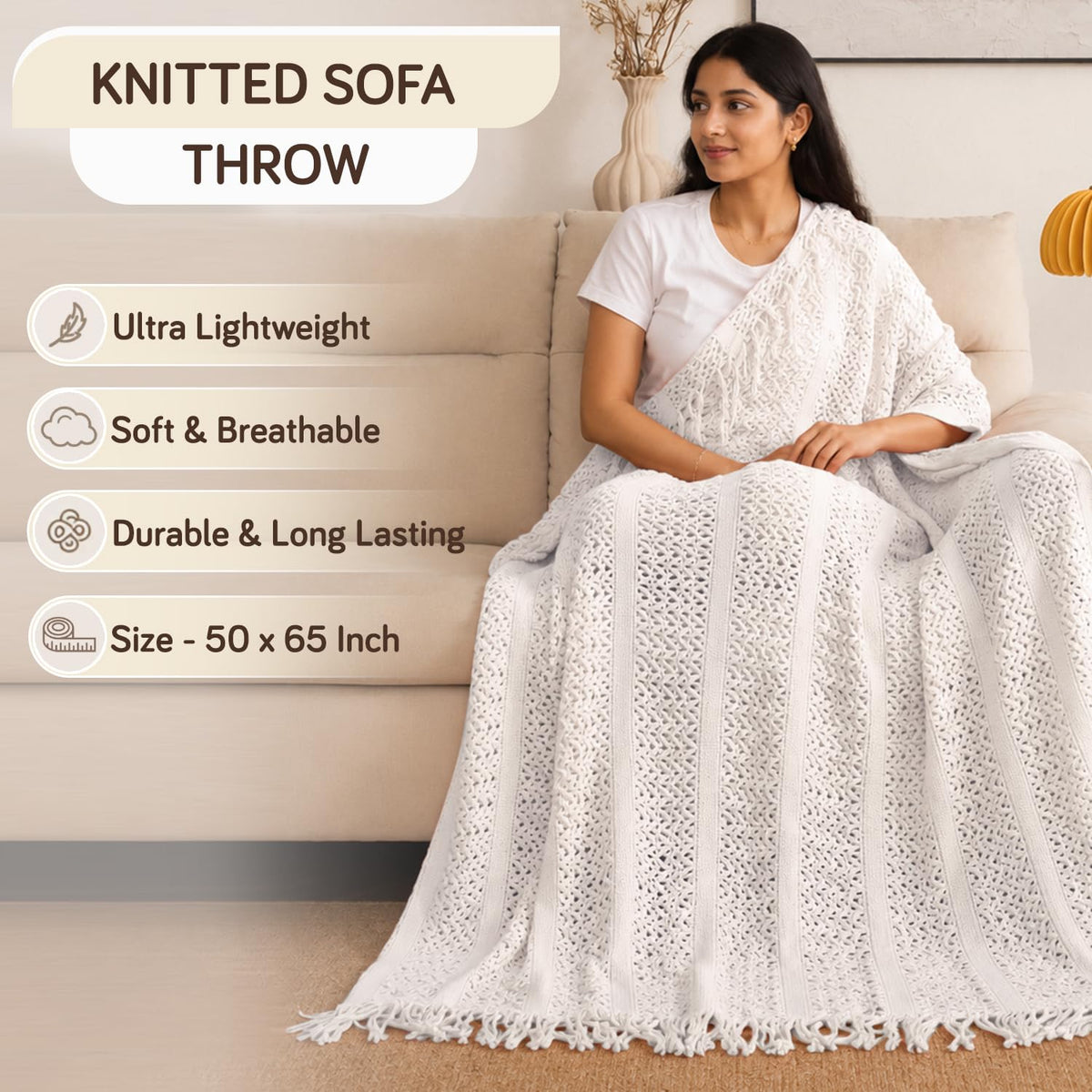 HOKIPO Open Lace Knit Sofa Throw Blanket for Sofa, 50x65 in, Vanilla White - image 3