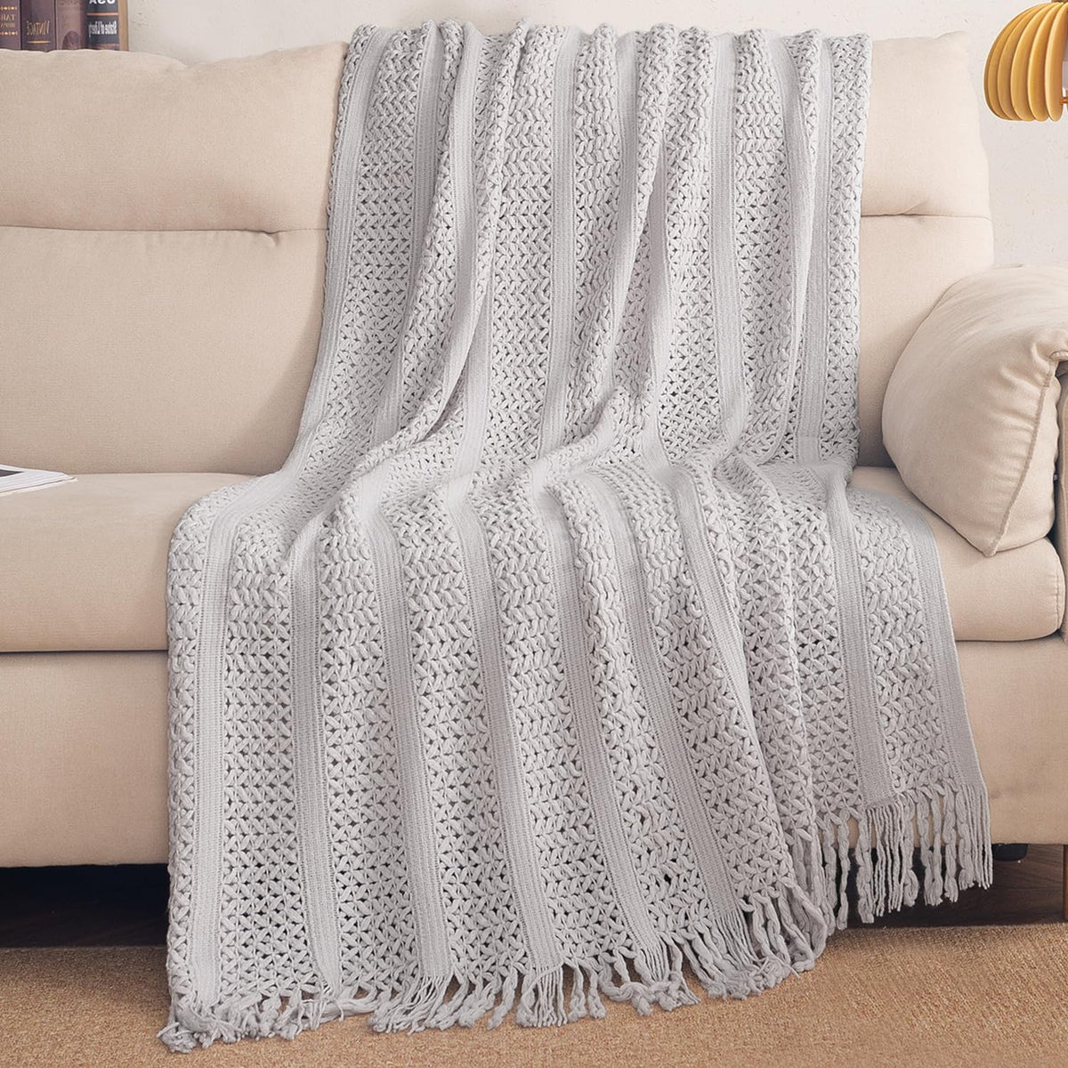 HOKIPO Open Lace Knit Sofa Throw Blanket for Sofa, 50x65 in, Dove Grey - image 1