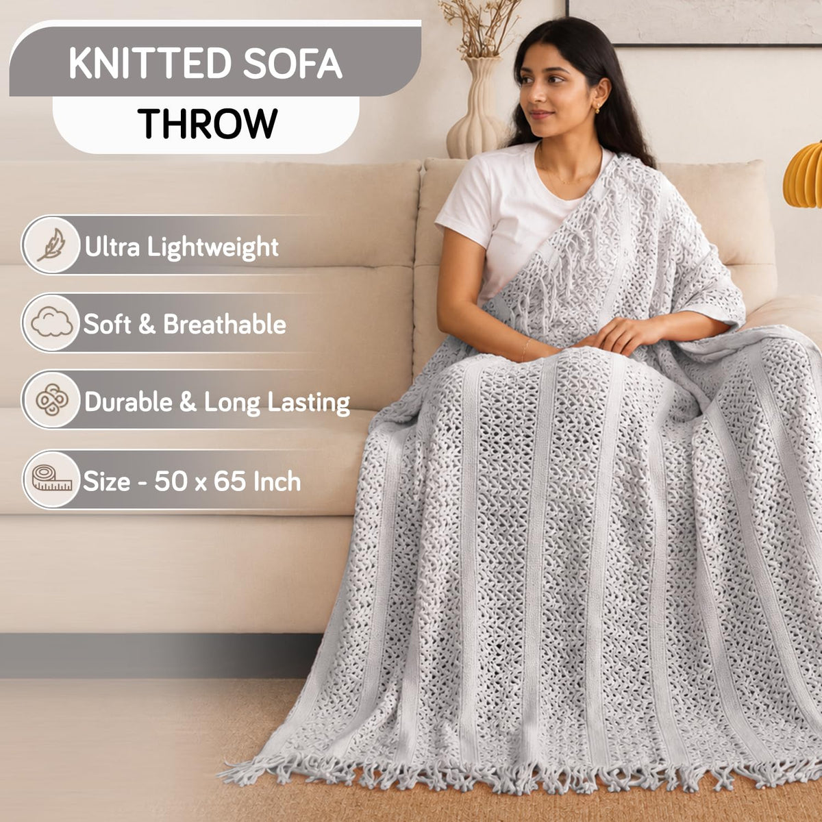 HOKIPO Open Lace Knit Sofa Throw Blanket for Sofa, 50x65 in, Dove Grey - image 3