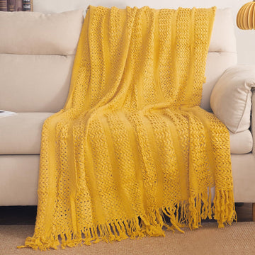 HOKIPO Open Lace Knit Sofa Throw Blanket for Sofa, 50x65 in, Amber Yellow - image 1
