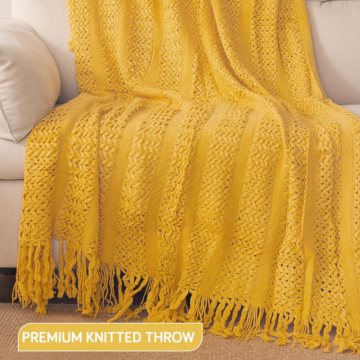 HOKIPO Open Lace Knit Sofa Throw Blanket for Sofa, 50x65 in, Amber Yellow - image 2