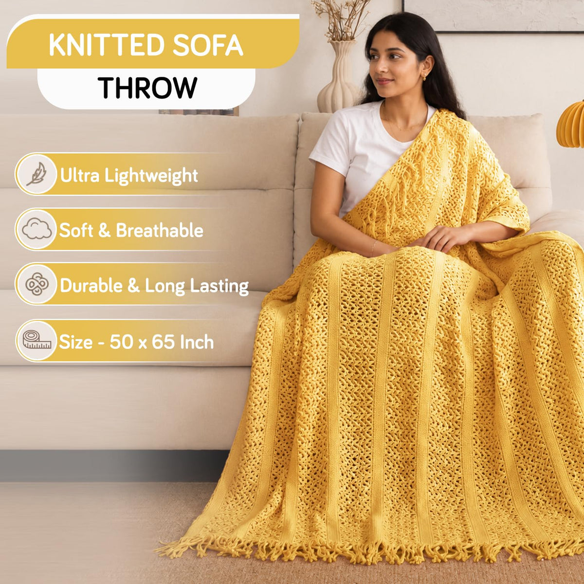 HOKIPO Open Lace Knit Sofa Throw Blanket for Sofa, 50x65 in, Amber Yellow - image 3