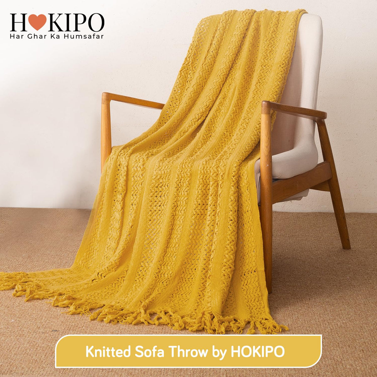 HOKIPO Open Lace Knit Sofa Throw Blanket for Sofa, 50x65 in, Amber Yellow - image 6