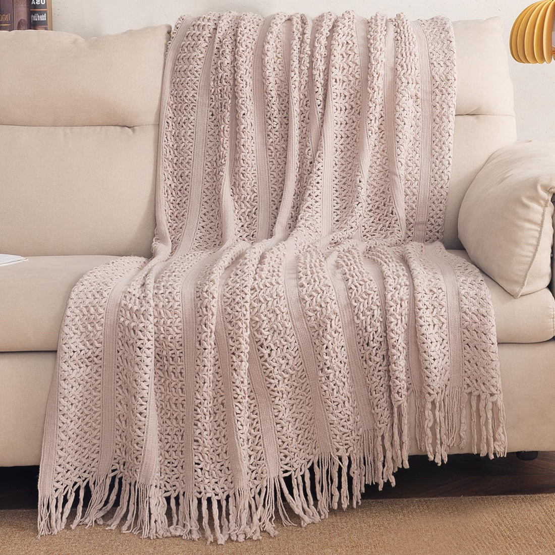HOKIPO Open Lace Knit Sofa Throw Blanket for Sofa, 50x65 in, Truffle Brown - image 1