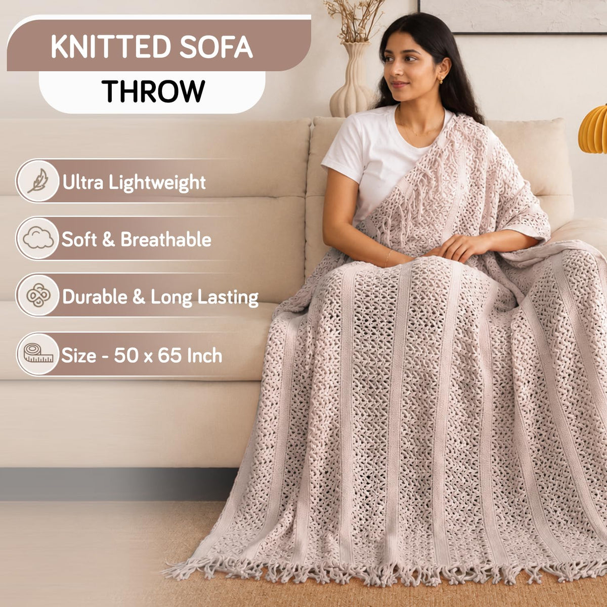 HOKIPO Open Lace Knit Sofa Throw Blanket for Sofa, 50x65 in, Truffle Brown - image 3