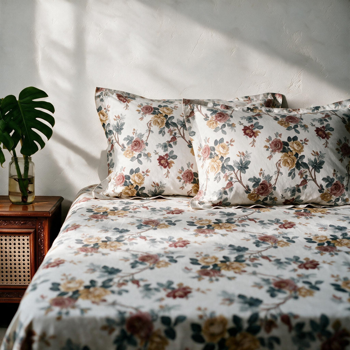 HOKIPO Floral 180 TC Cotton Twill Flat Bedsheet in King Size, Blue & Red