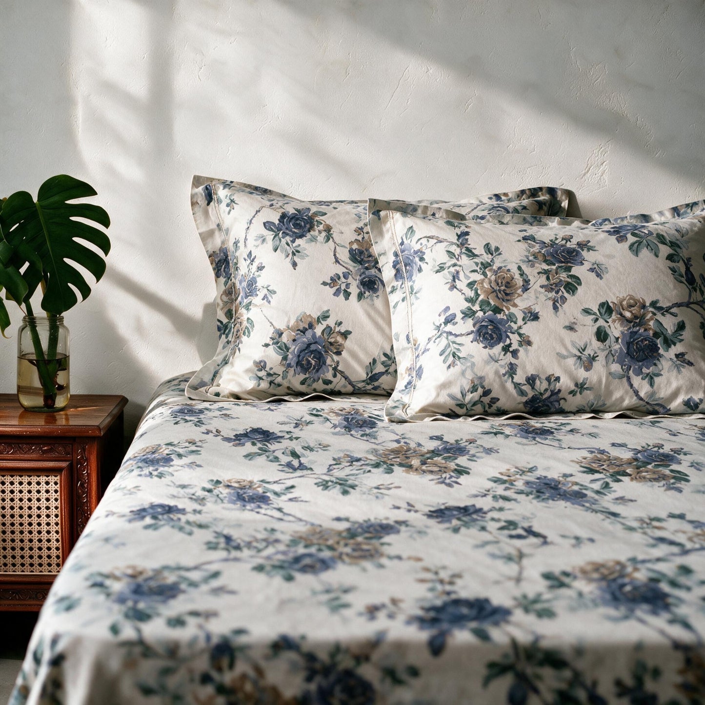HOKIPO Floral 180 TC Cotton Twill Flat Bedsheet in King Size, Blue & White
