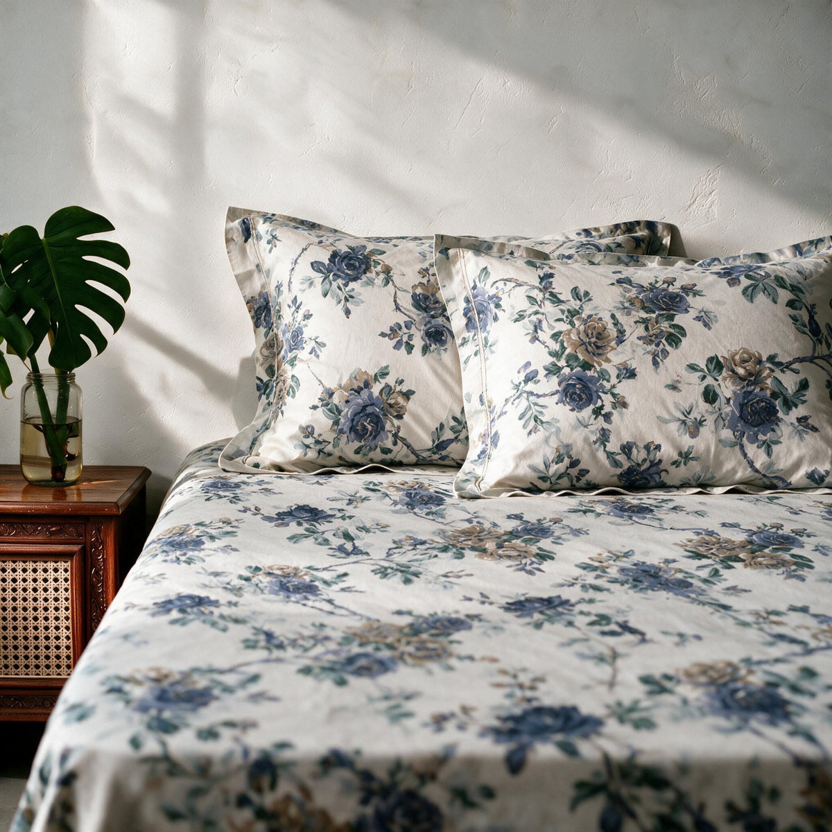HOKIPO Floral 180 TC Cotton Twill Flat Bedsheet in King Size, Blue & White