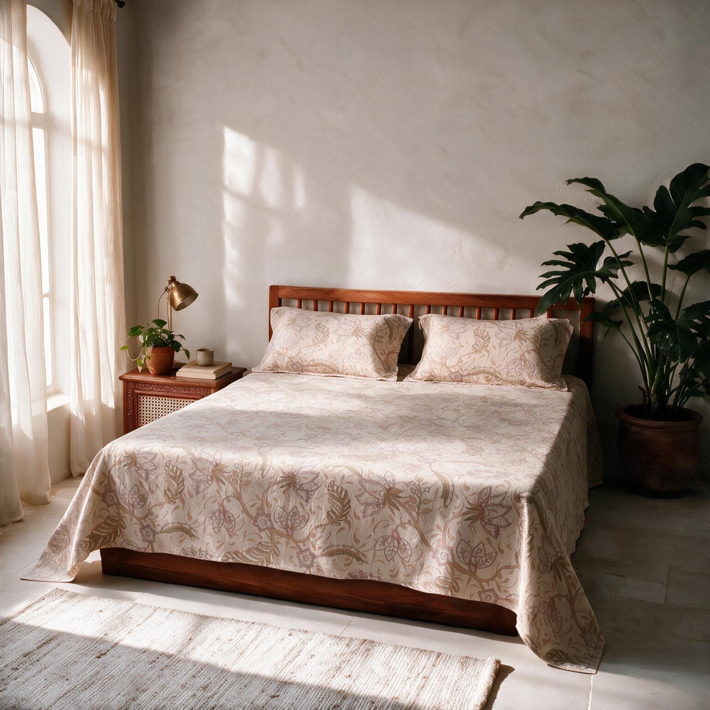 HOKIPO Floral 180 TC Cotton Twill Flat Bedsheet in King Size, Old Rose
