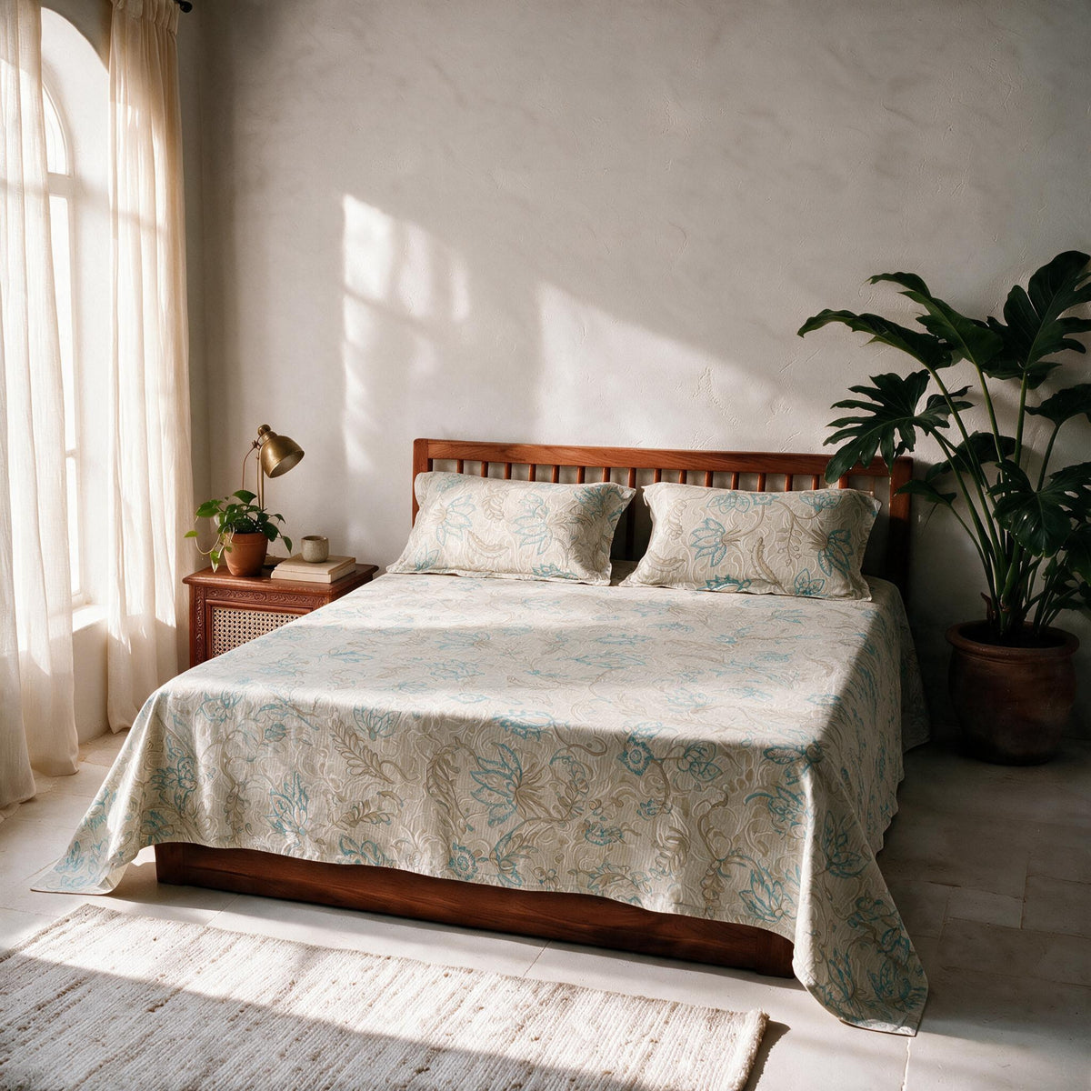 HOKIPO Floral 180 TC Cotton Twill Flat Bedsheet in King Size, Aquamarine