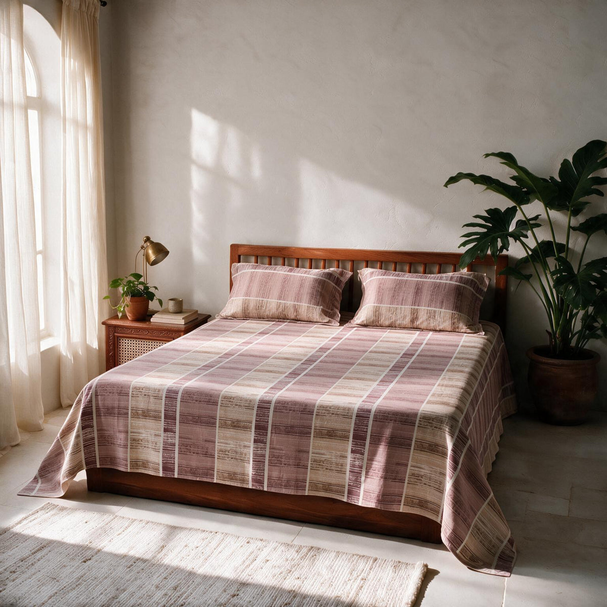 HOKIPO 180 TC Cotton Twill Flat Bedsheet in King Size, Purple & Pink