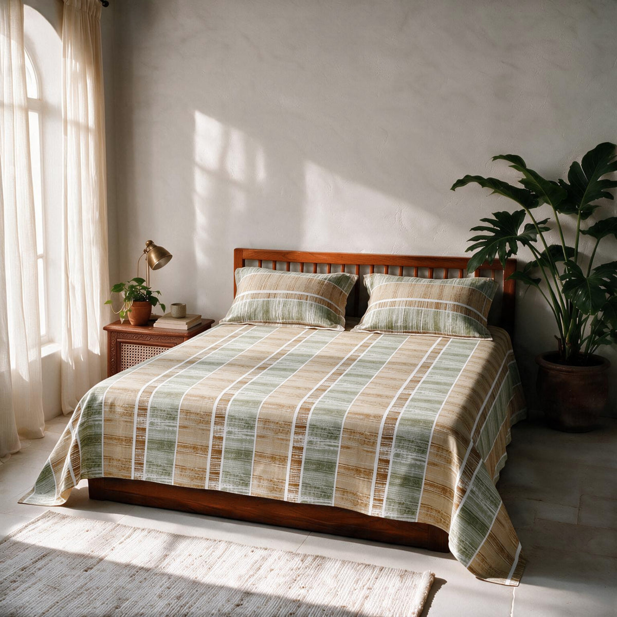 HOKIPO 180 TC Cotton Twill Flat Bedsheet in King Size, Mustard & Green