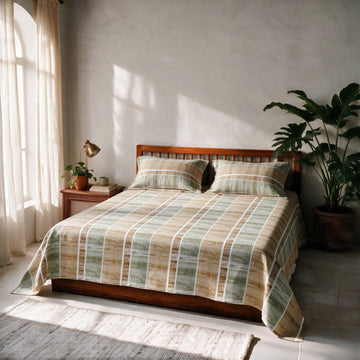 HOKIPO 180 TC Cotton Twill Flat Bedsheet in King Size, Mustard & Green