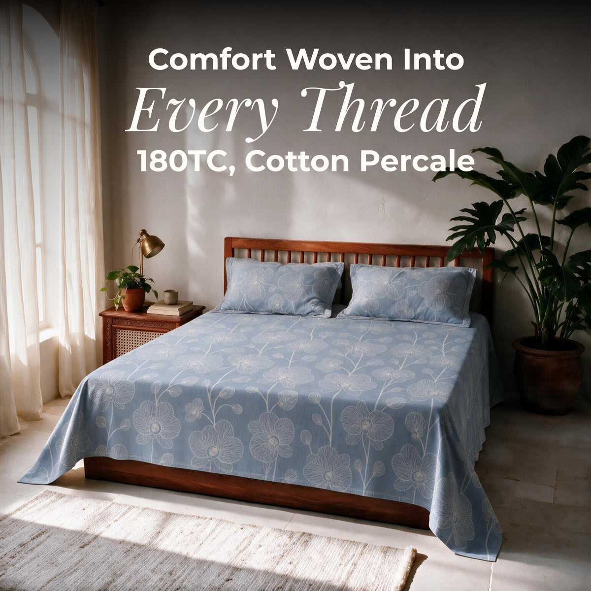 HOKIPO Line Art 180 TC Cotton Percale Flat Bedsheet, King Size, Powder Blue - image 2