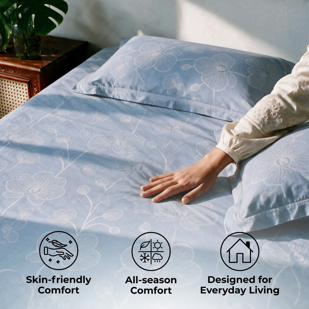 HOKIPO Line Art 180 TC Cotton Percale Flat Bedsheet, King Size, Powder Blue - image 4