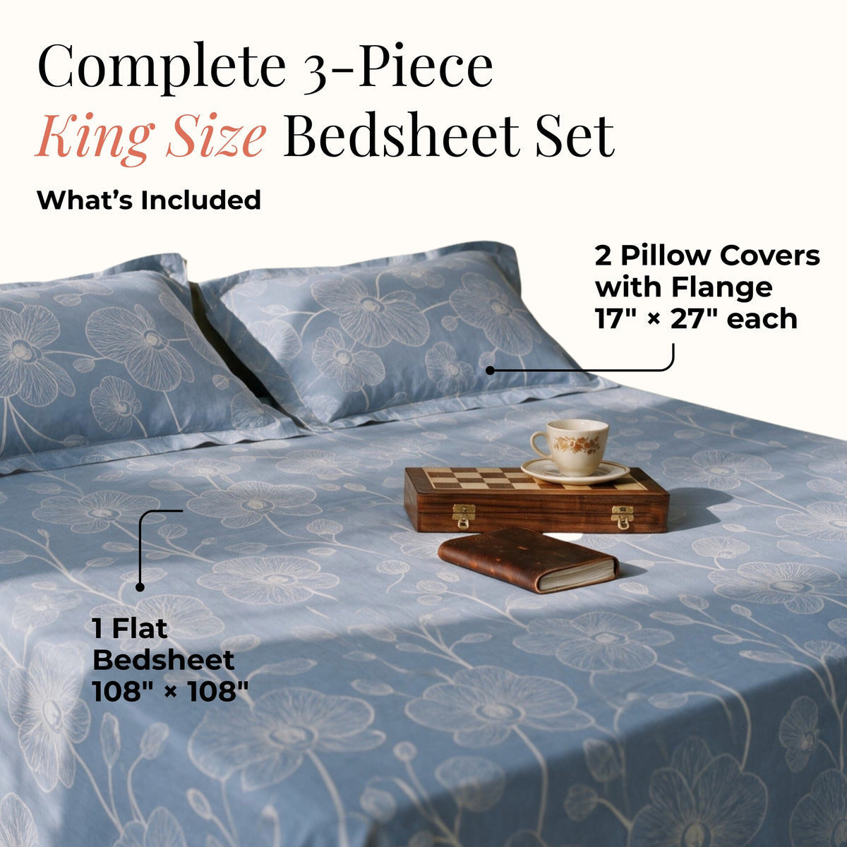 HOKIPO Line Art 180 TC Cotton Percale Flat Bedsheet, King Size, Powder Blue - image 5