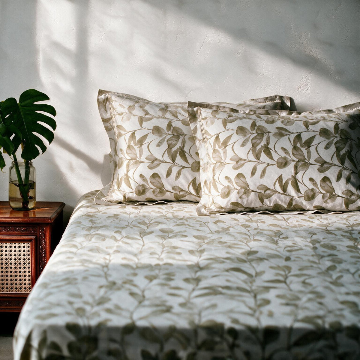 HOKIPO Botanical 180 TC Cotton Percale Flat Bedsheet, King Size, Seaweed