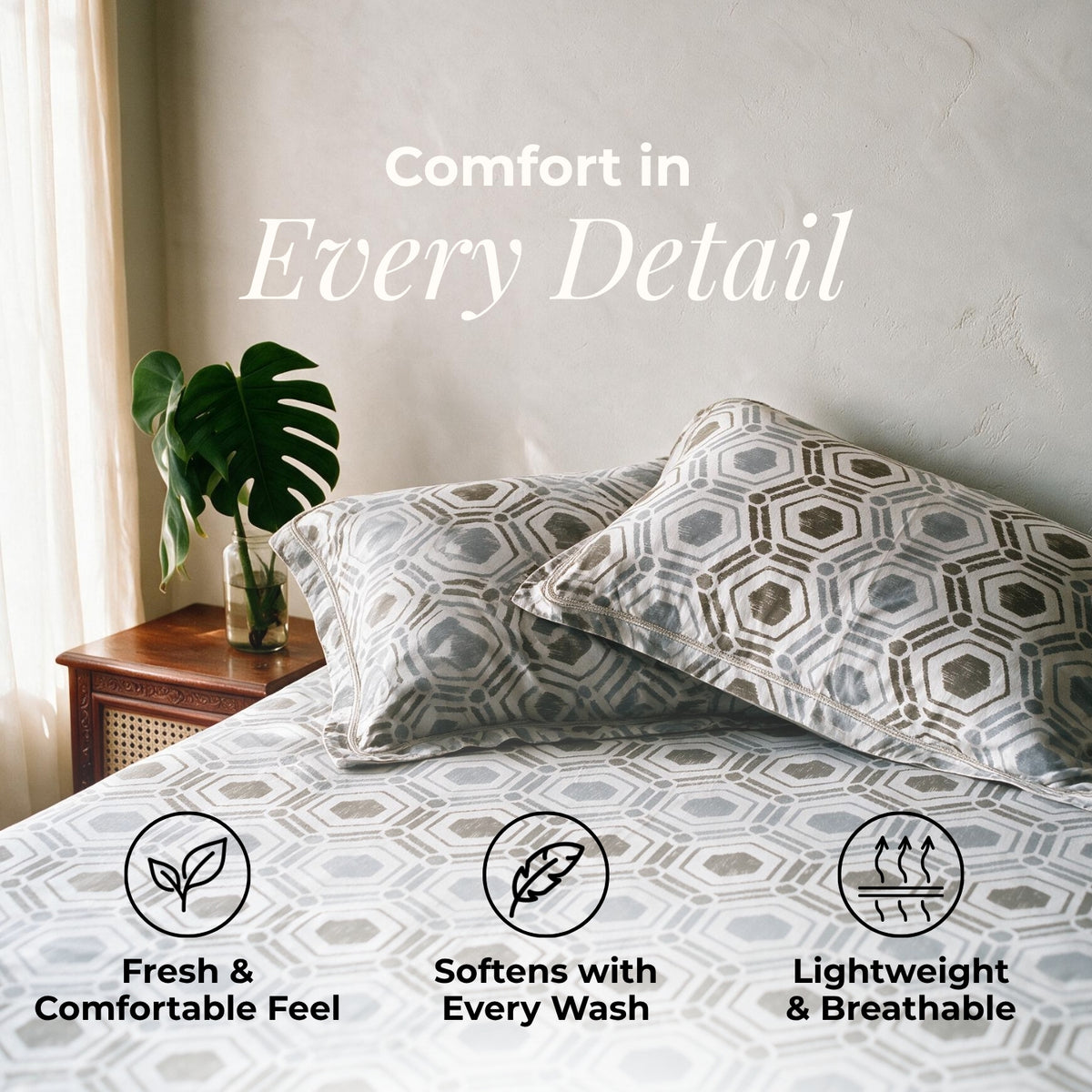 HOKIPO Geometric 180 TC Cotton Percale Flat Bedsheet, King Size, Buff Grey - image 3