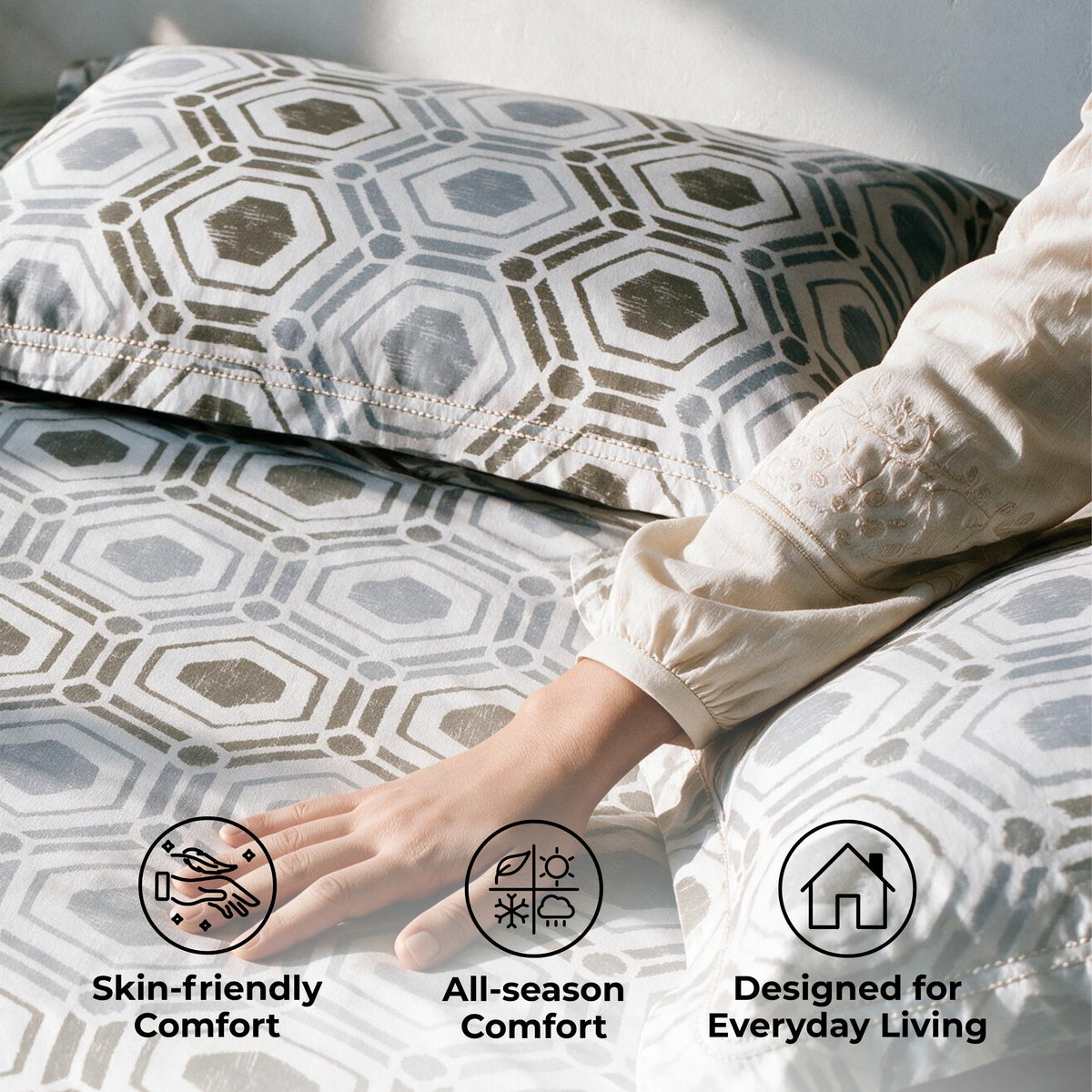 HOKIPO Geometric 180 TC Cotton Percale Flat Bedsheet, King Size, Buff Grey - image 4
