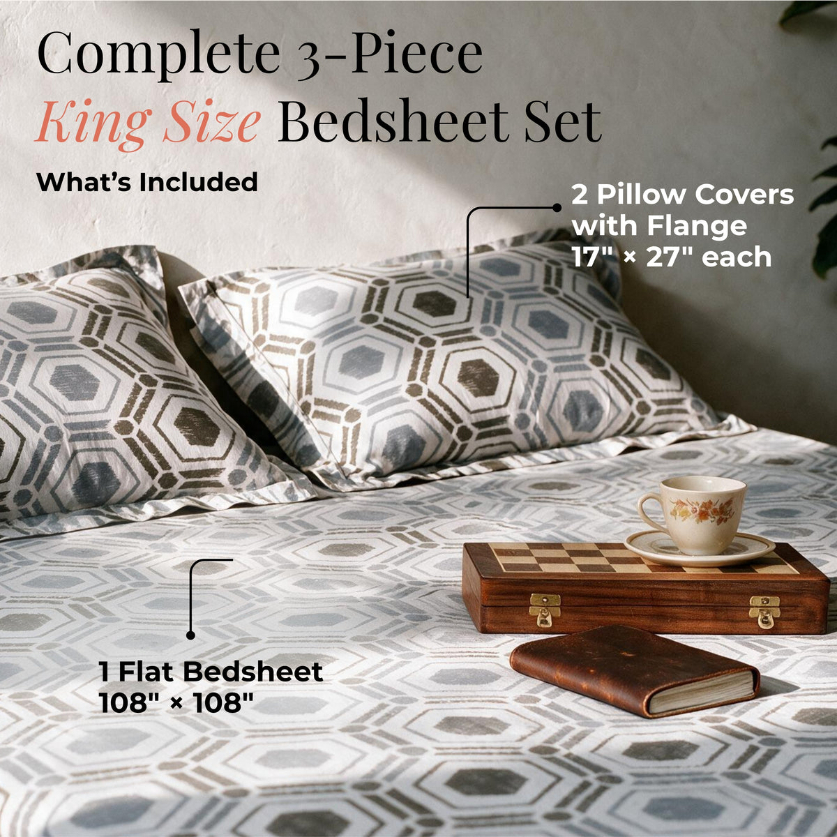 HOKIPO Geometric 180 TC Cotton Percale Flat Bedsheet, King Size, Buff Grey - image 5
