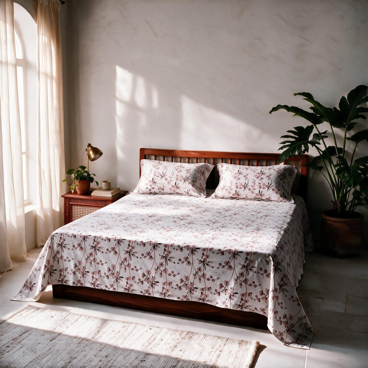 HOKIPO Cherry Blossom 300 TC Cotton Sateen Flat Bedsheet, King, Pink Cream