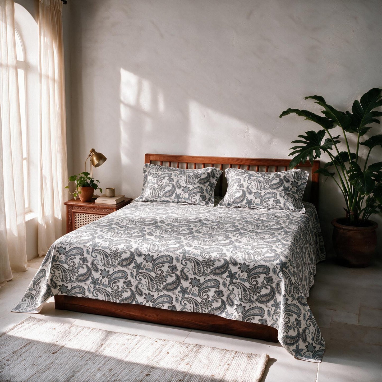 HOKIPO Timeless Paisley 300 TC Cotton Sateen Flat Bedsheet, King Size, Grey