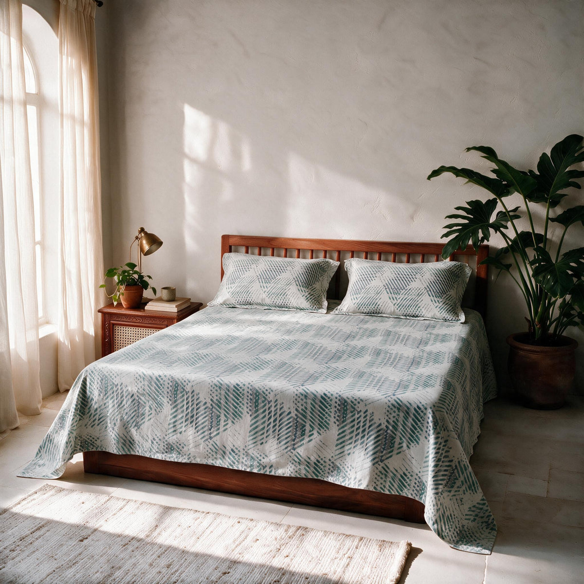HOKIPO Geometric 300 TC Cotton Sateen Flat Bedsheet, King Size, Teal Grey