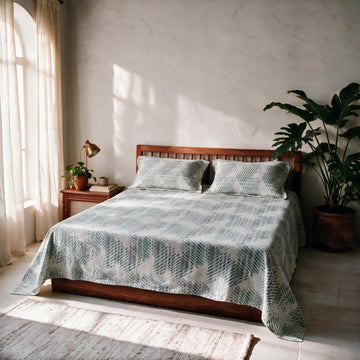 HOKIPO Geometric 300 TC Cotton Sateen Flat Bedsheet, King Size, Teal Grey