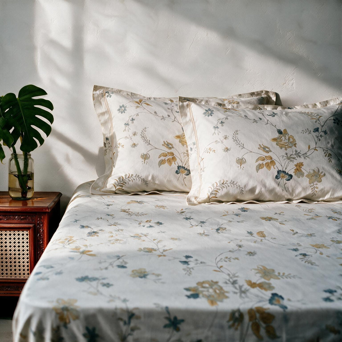 HOKIPO Floral 300TC Cotton Sateen Flat Bedsheet, King Size, Teal & Ochre