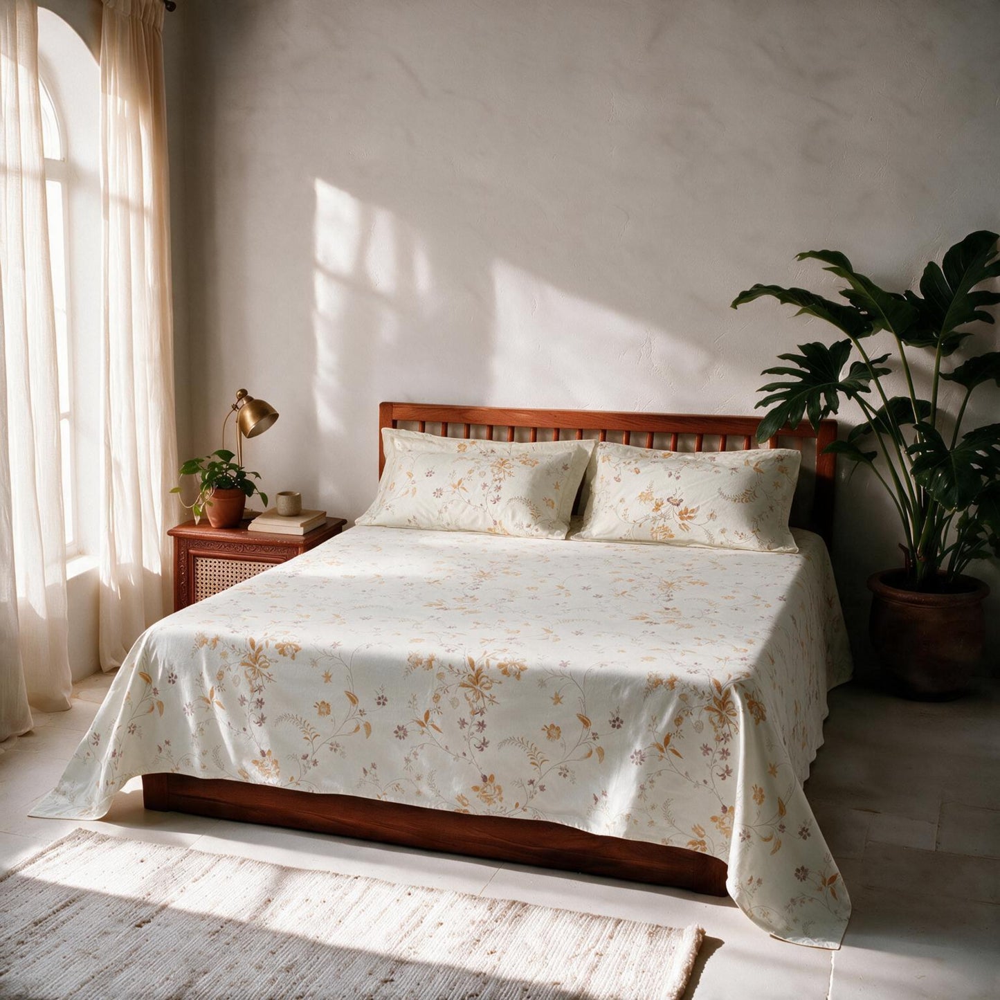 HOKIPO Floral 300TC Cotton Sateen Flat Bedsheet, King, Ochre & Lavender