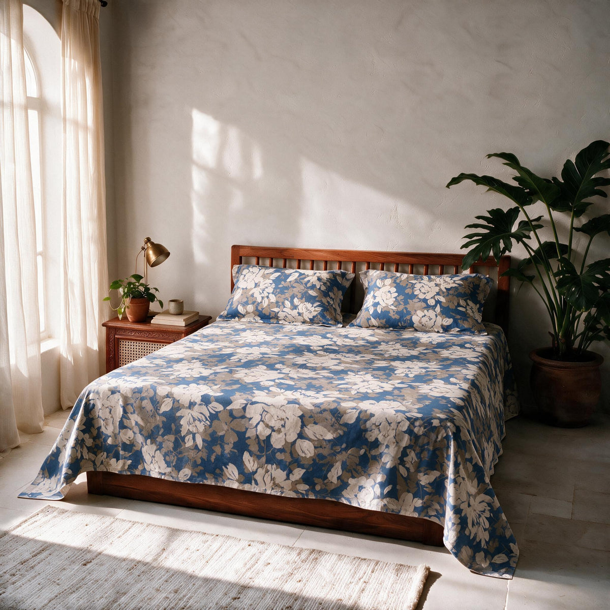HOKIPO Floral 210 TC Cotton Sateen Flat Bedsheet, King, Beige & Ivory