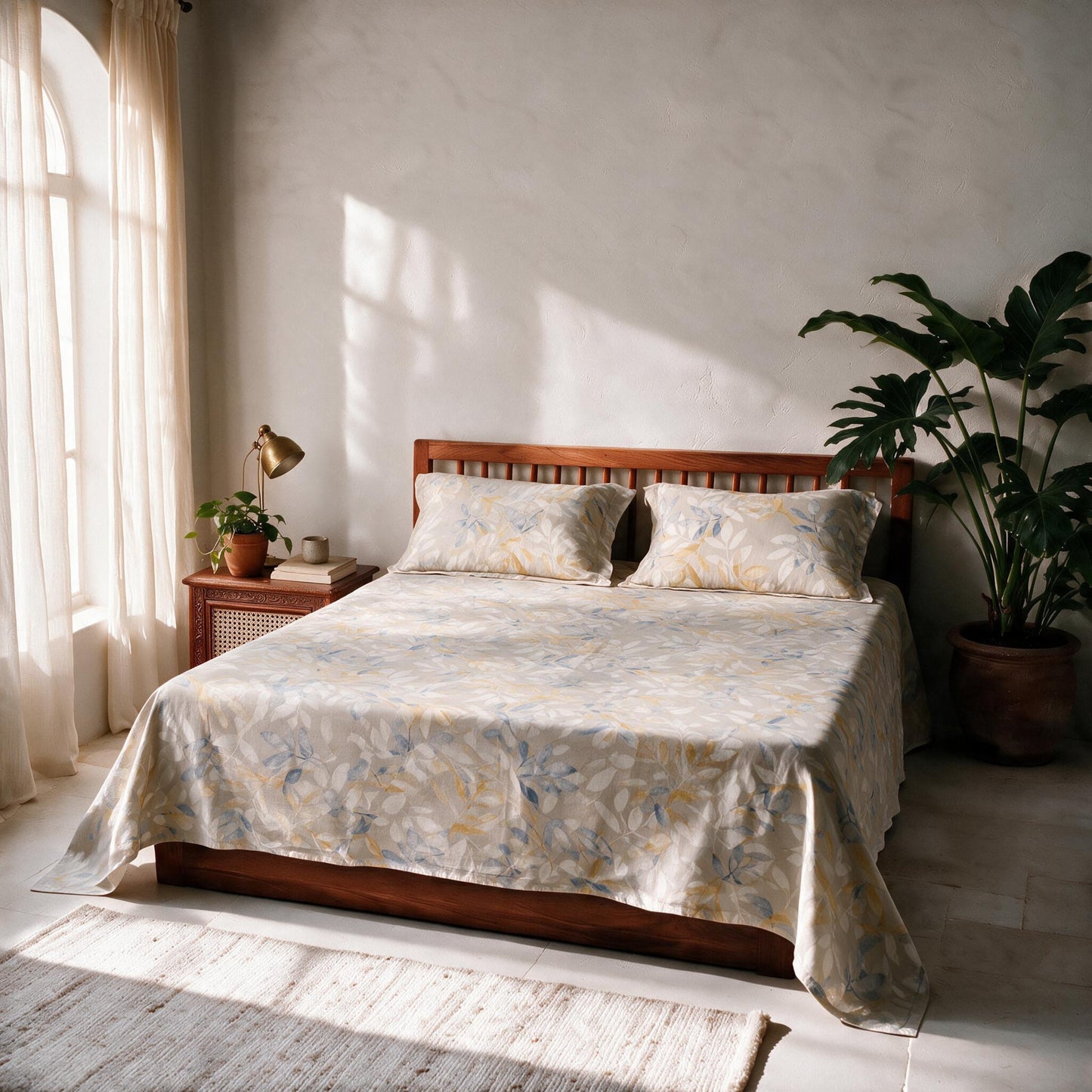 HOKIPO Botanical 210 TC Cotton Sateen Flat Bedsheet, King, Cream & Blue