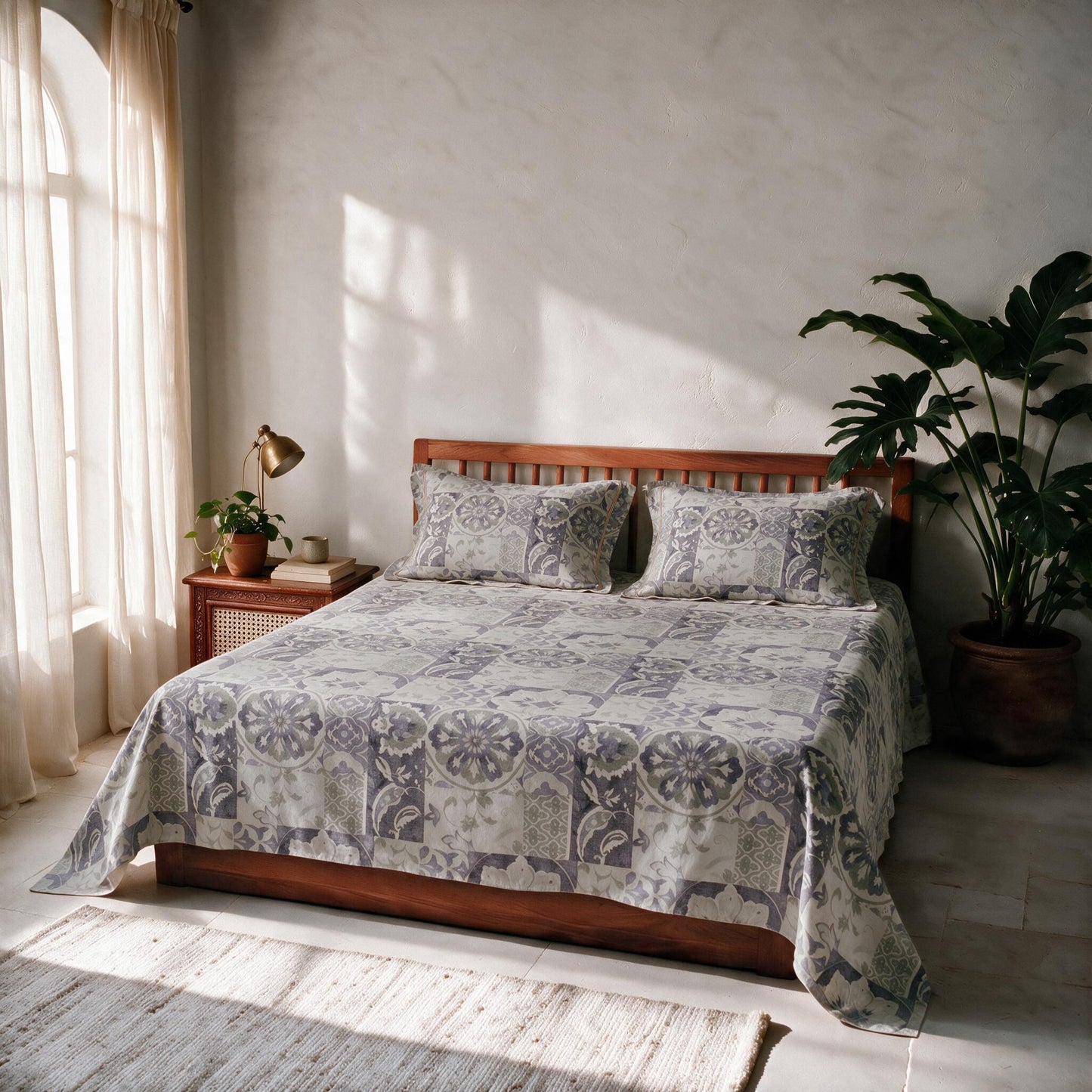 HOKIPO Suzani Patchwork 210 TC Cotton Sateen Flat Bedsheet, King, Violet