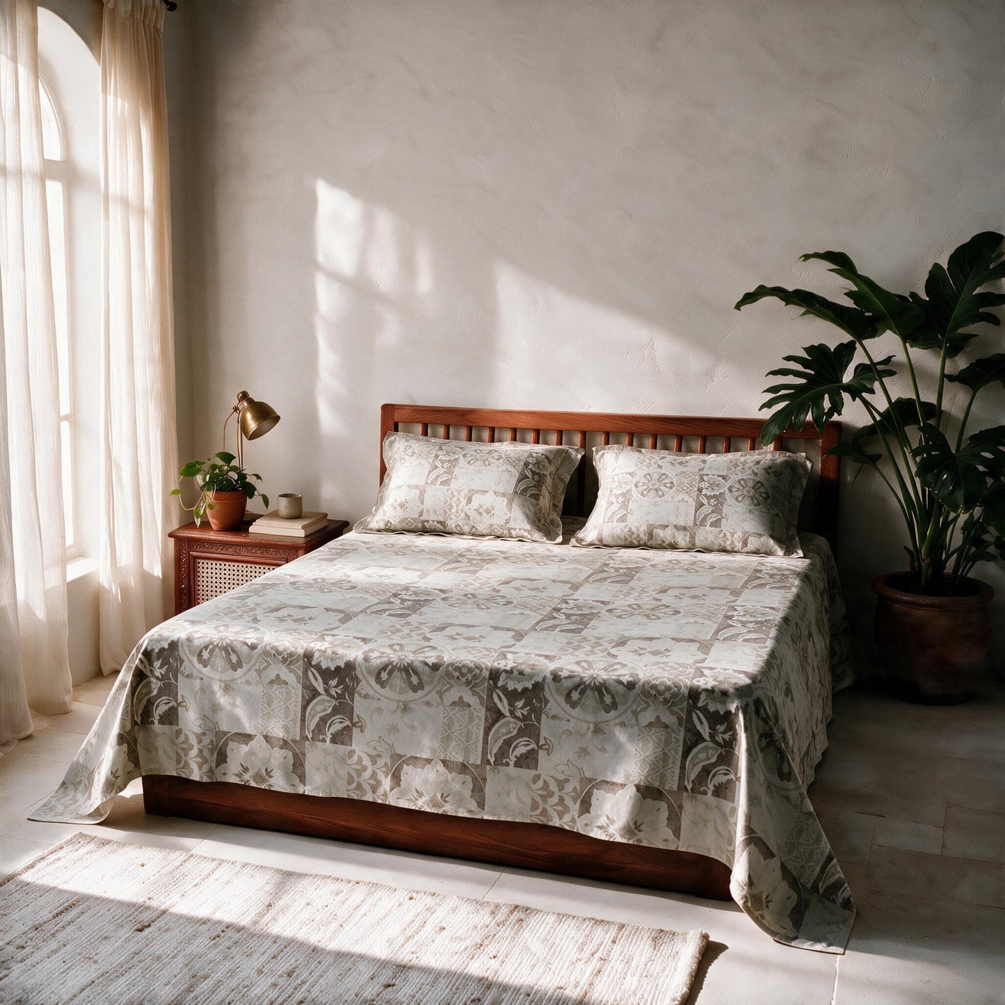 HOKIPO Suzani Patchwork 210 TC Cotton Sateen Flat Bedsheet, King Size, Sand