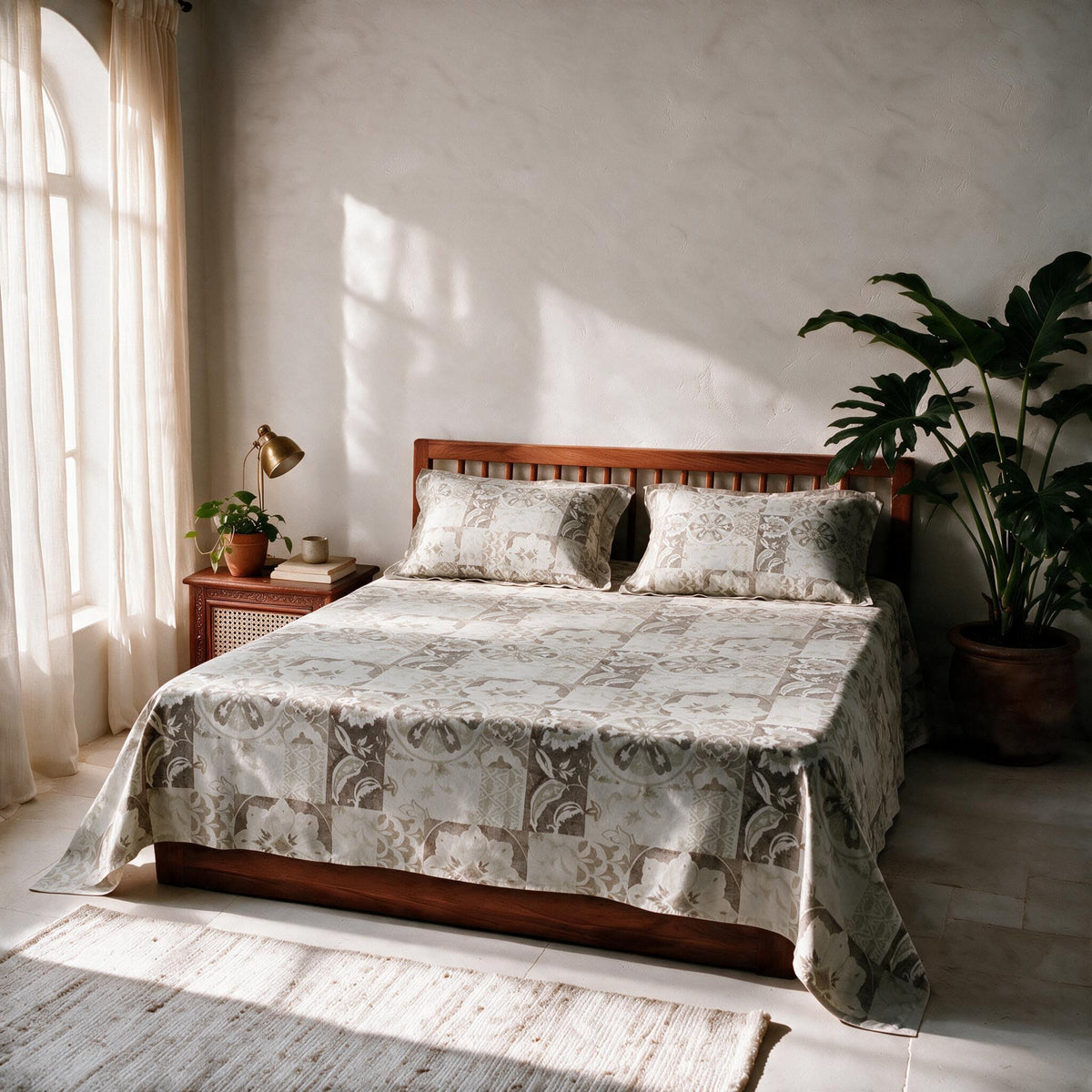 HOKIPO Suzani Patchwork 210 TC Cotton Sateen Flat Bedsheet, King Size, Sand
