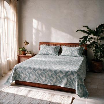 HOKIPO Geometric 210 TC Cotton Sateen Flat Bedsheet, King Size, Teal Eggshell