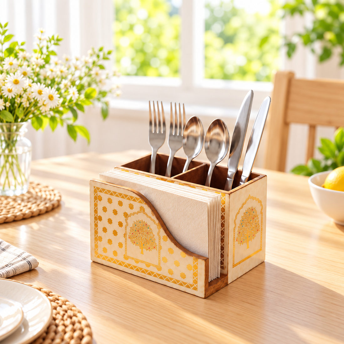HOKIPO Cutlery Holder with Napkin Stand, Engineered Wood, Swarna Vriksha - image 1