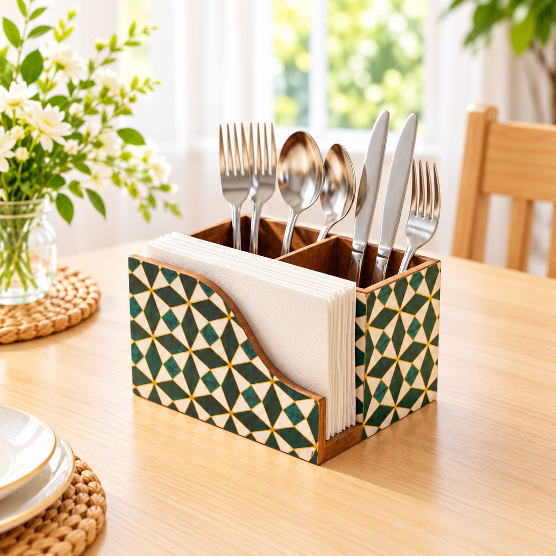 HOKIPO Cutlery Holder with Napkin Stand, Engineered Wood, Moroccan Prism - image 1