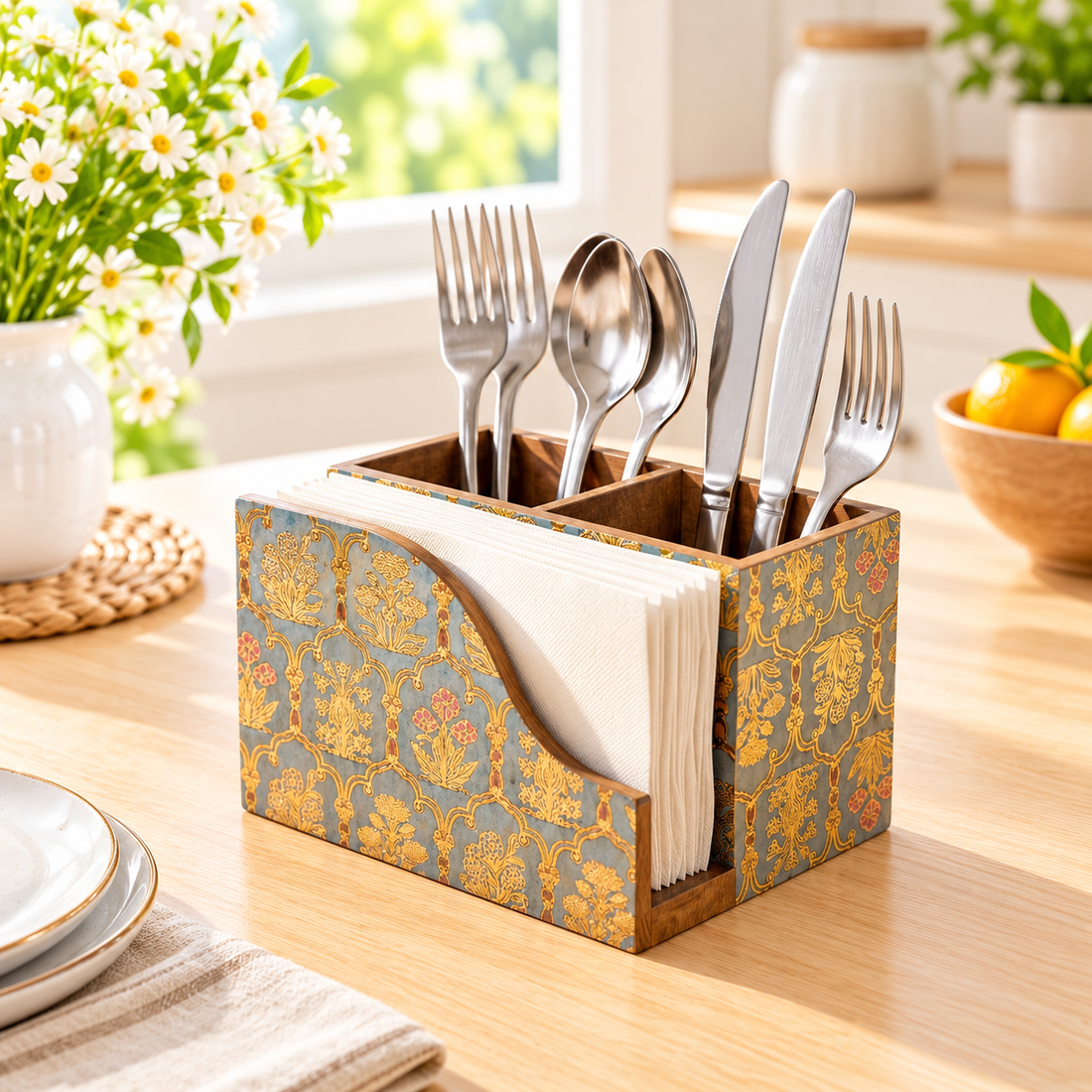 HOKIPO Cutlery Holder with Napkin Stand, Engineered Wood, Shahi Gulnaar - image 1