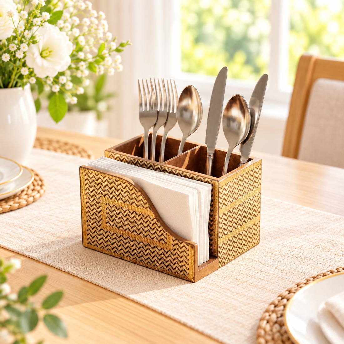 HOKIPO Cutlery Holder with Napkin Stand, Engineered Wood, Noir Chevron - image 1