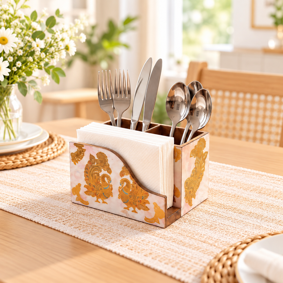 HOKIPO Cutlery Holder with Napkin Stand, Engineered Wood, Mayur Mahal - image 1